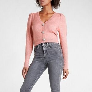 Express jewel embellished button cardigan sweater pink puff sleeve size small
